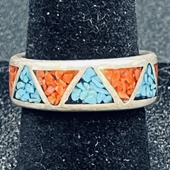 Carolyn Pollack Relios ring Silver 925 Navajo SW CORAL & TURQUOISE S 5.5 << 6 - Picture 1 of 10